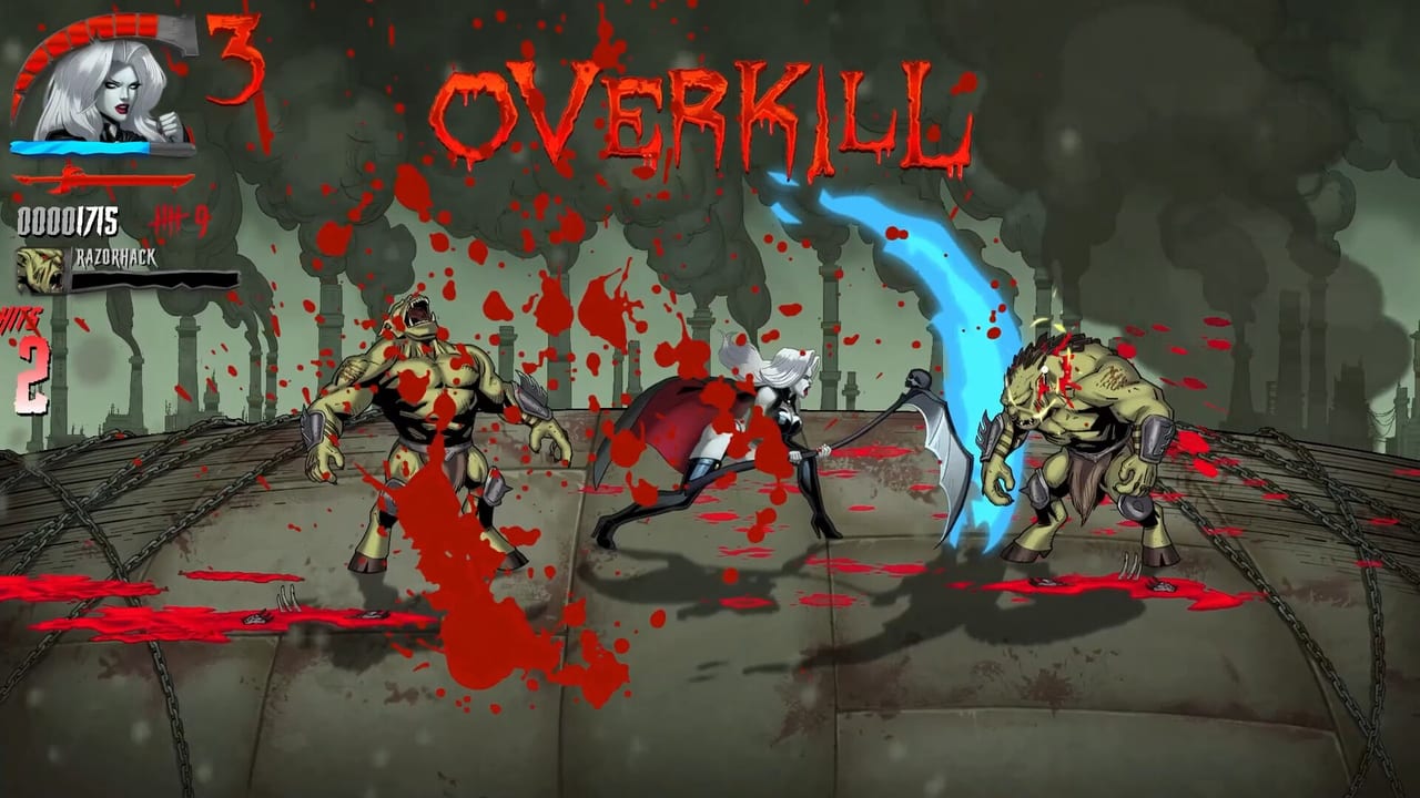 Lady Death landing an Overkill scythe slash on Razorback demons in a smoky industrial arena