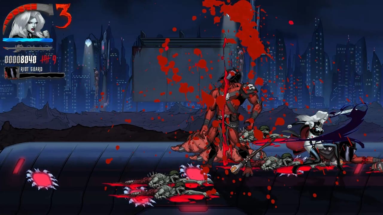 Night-city stage with HUD lives, blue meter, and Lady Death fighting a Riot Guard